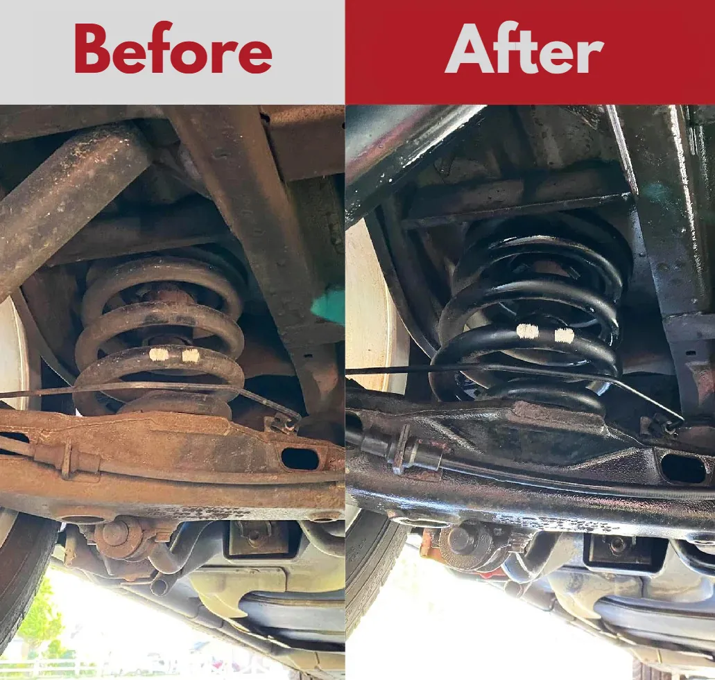 Before and after: a rusty vehicle suspension and chassis on the left, the same parts de-scaled, treated and sealed on the right