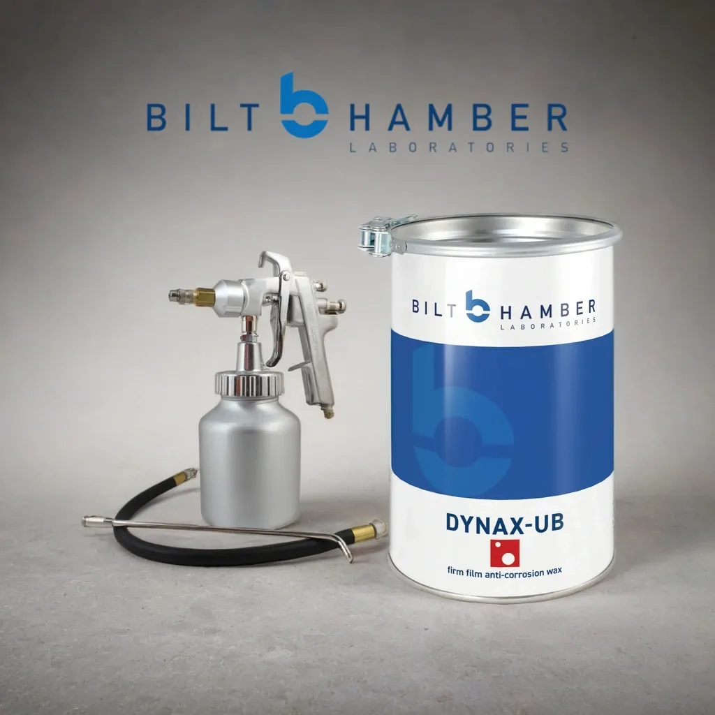 Tin of Bilt Hamber Dynax with the application gun used for cavity wax injection