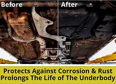 Close-up before-and-after comparison of a rusty vehicle panel and the same panel cleaned and protected